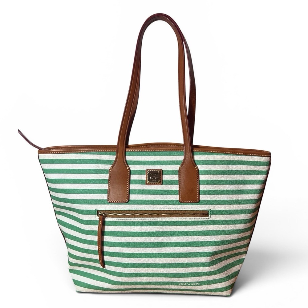 Dooney & Bourke Seafoam Green White Striped Shopper Tote Leather Trim Large EUC